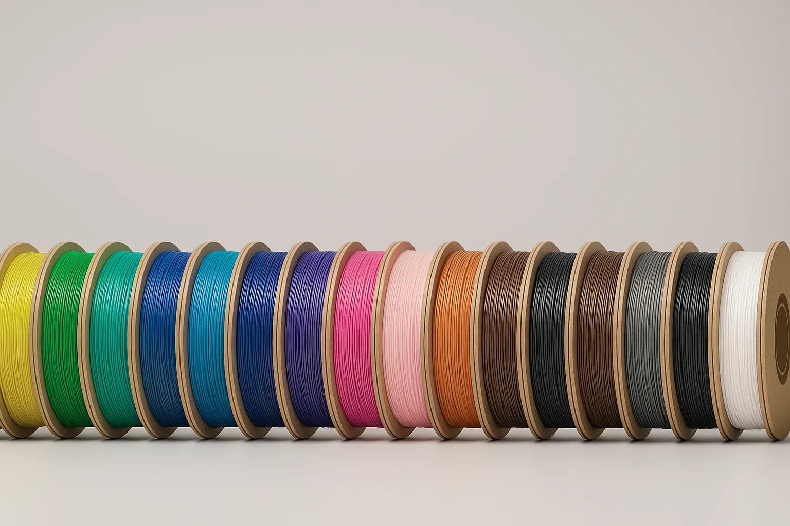 Bunte Filamentspulen in einer Reihe — PLA, PETG, ASA, TPU und weitere 3D-Druck Materialien bei elbe3D Magdeburg