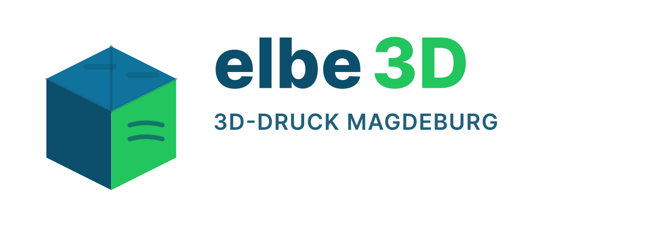 Logo von elbe3D – 3D-Druck Magdeburg; isometrischer Würfel in Blau/Grün mit Wellenmotiv und Wortmarke „elbe3D“